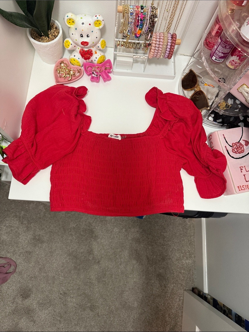 Free People Red Smocked Puff-Sleeve Crop Top